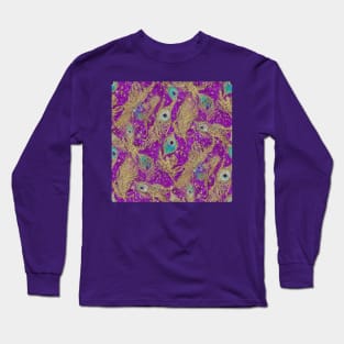 Purple Peacock Brocade Pattern Long Sleeve T-Shirt